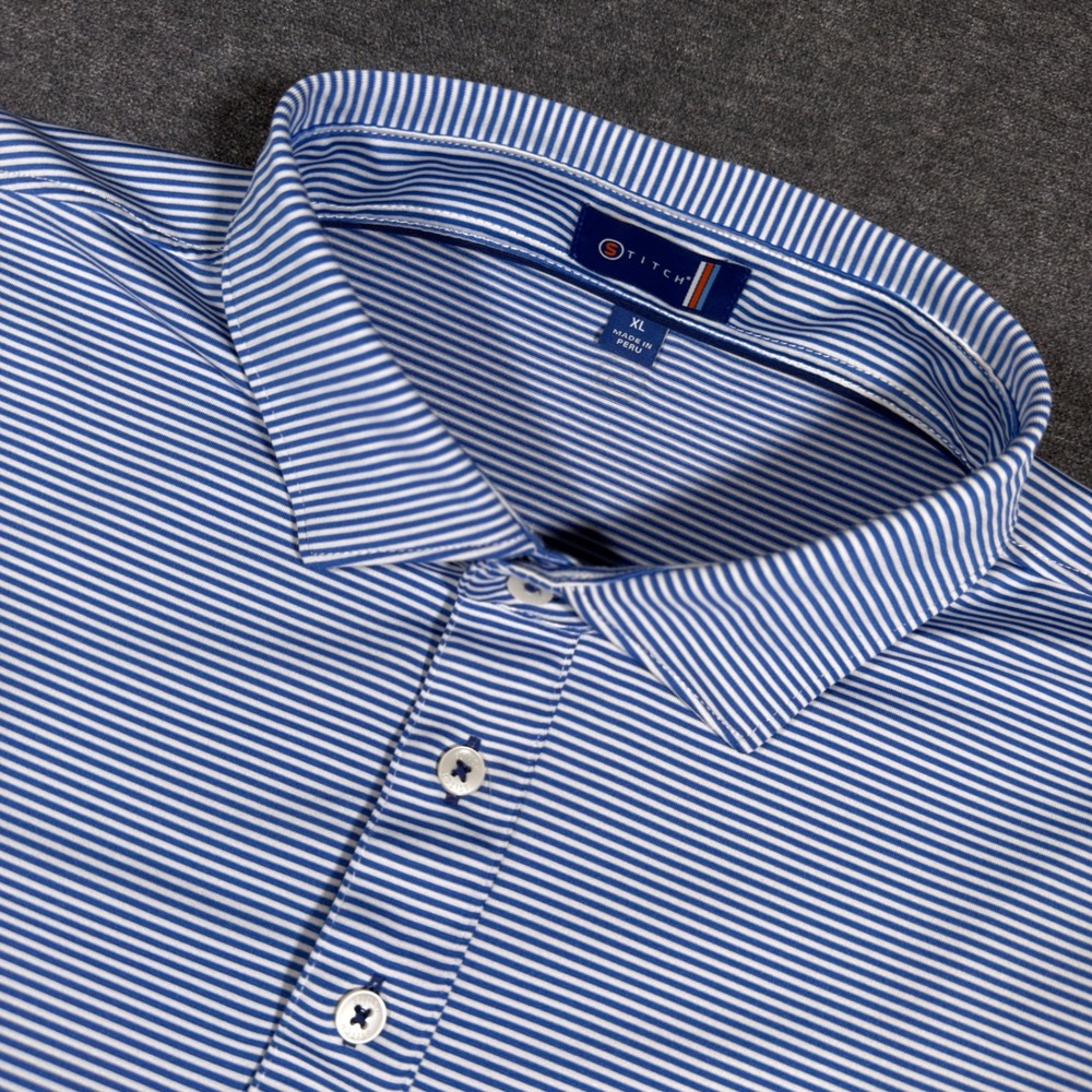 Stitch Golf Polo Shirt Mens XL Blue White Striped Short Sleeve Performance